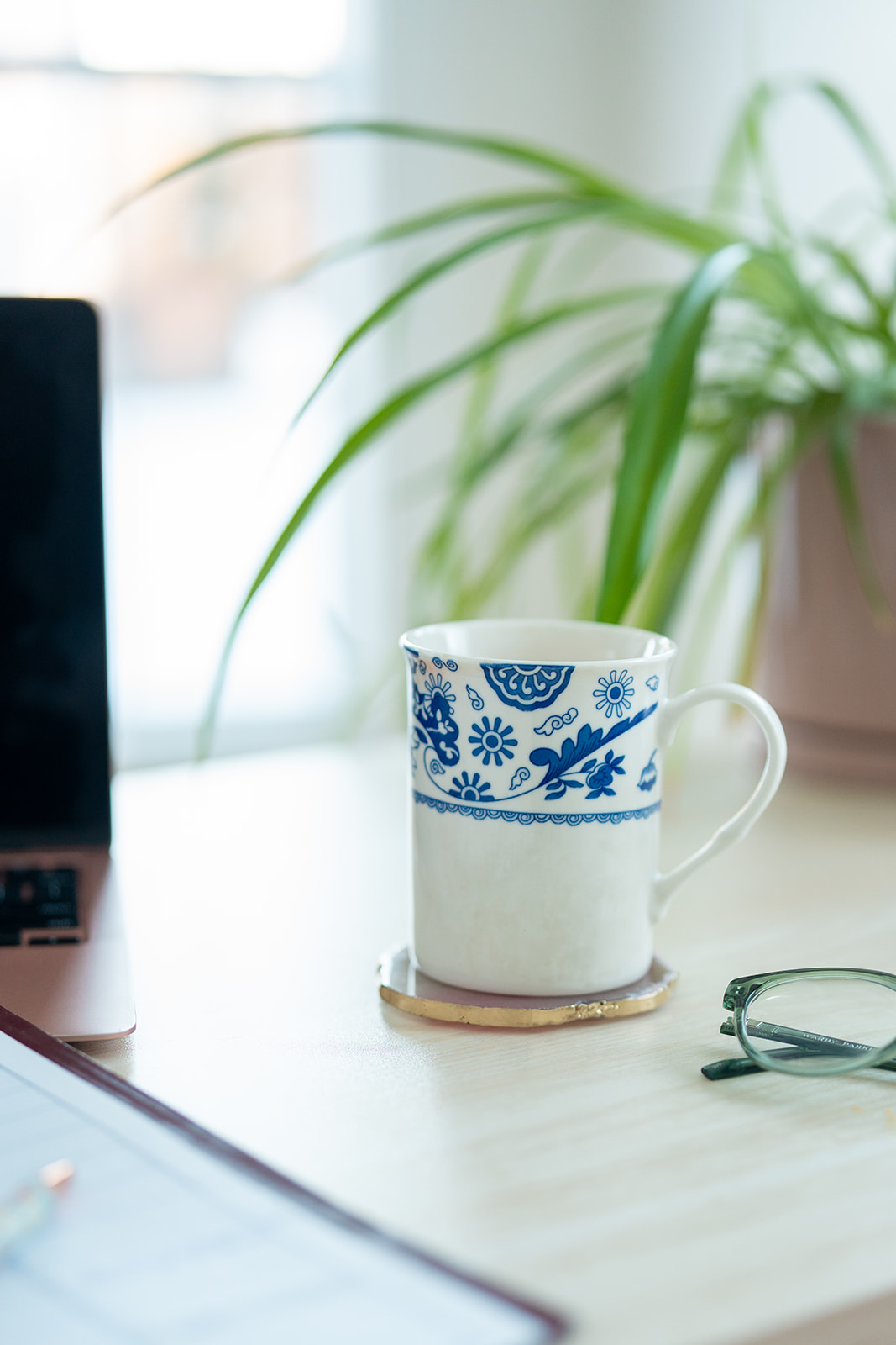 A quiet desk moment — blue-and-white mug on a gilded coaster beside a laptop, soft window light, a palm leaning in